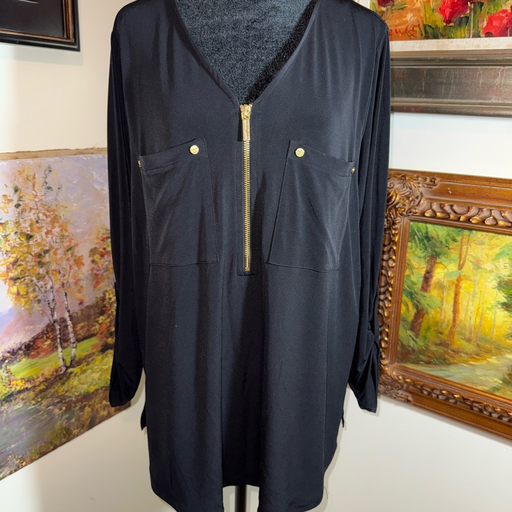 🌹 Michael Kors Black V-Neck Blouse with Zipper - Picture 2 of 5